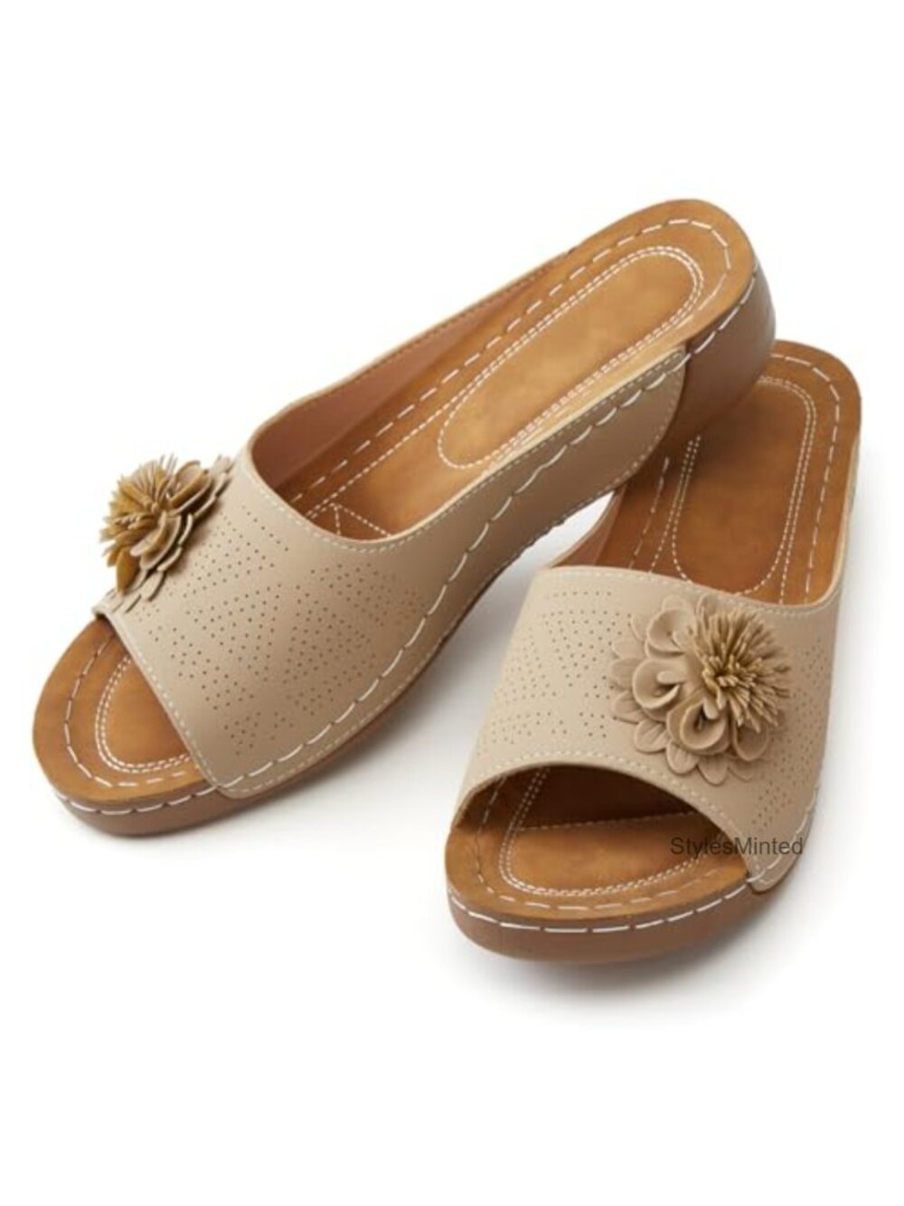 Women's Low Wedge Slide Sandals with Flower Embellishment